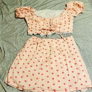 Women's Pink Heart Print Crop Top & Skirt – Cute Puff Sleeve